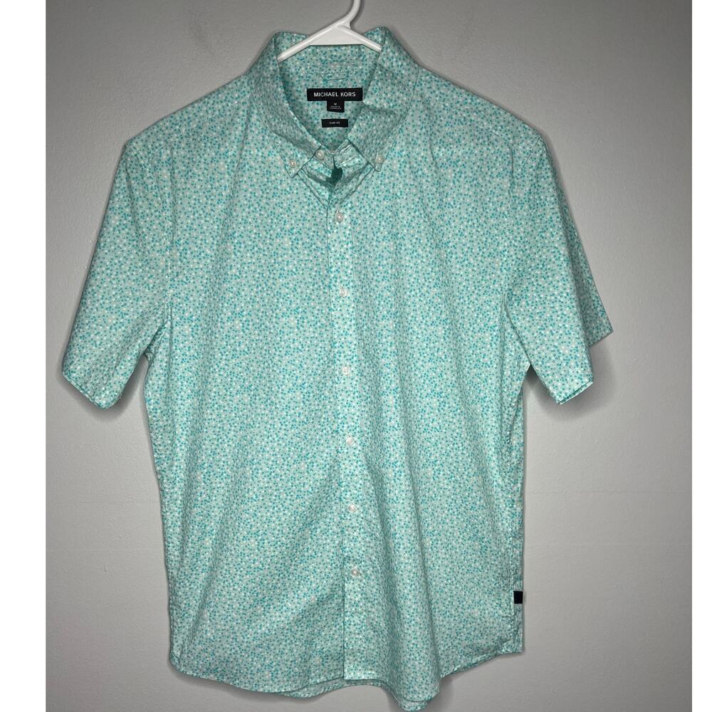 Michael Kors Mens Button Down Short Sleeve Shirt Slim Fit Ditsy Floral Teal Sz M